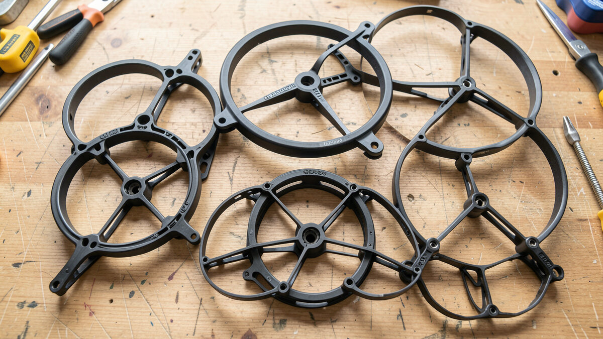 Several ducted cinewhoop frames of different sizes on a workbench