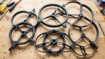Several ducted cinewhoop frames of different sizes on a workbench