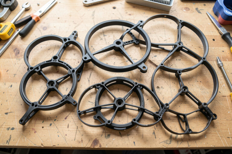 Several ducted cinewhoop frames of different sizes on a workbench