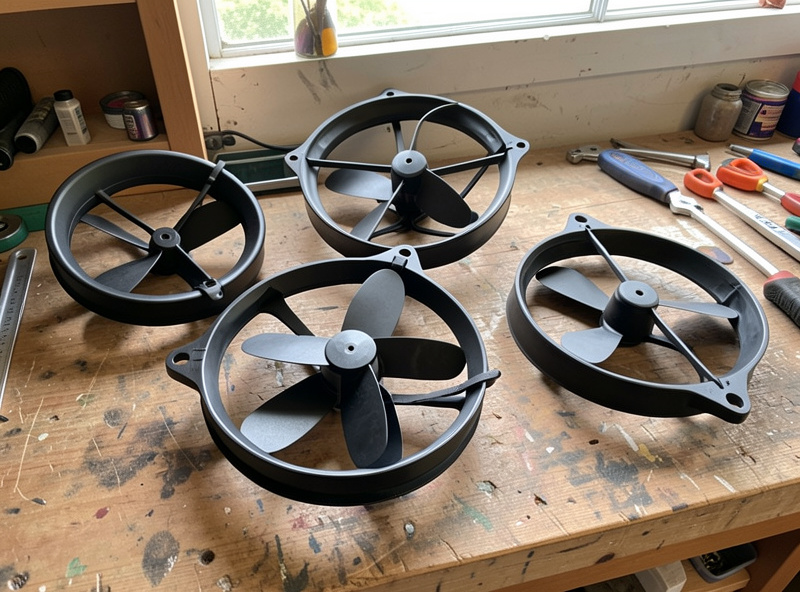 Several ducted cinewhoop frames of different sizes laid out on a workbench