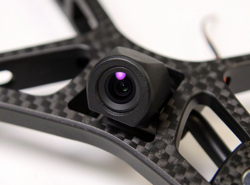 Close-up of a micro FPV camera mounted at an upward tilt angle in a carbon freestyle quad frame