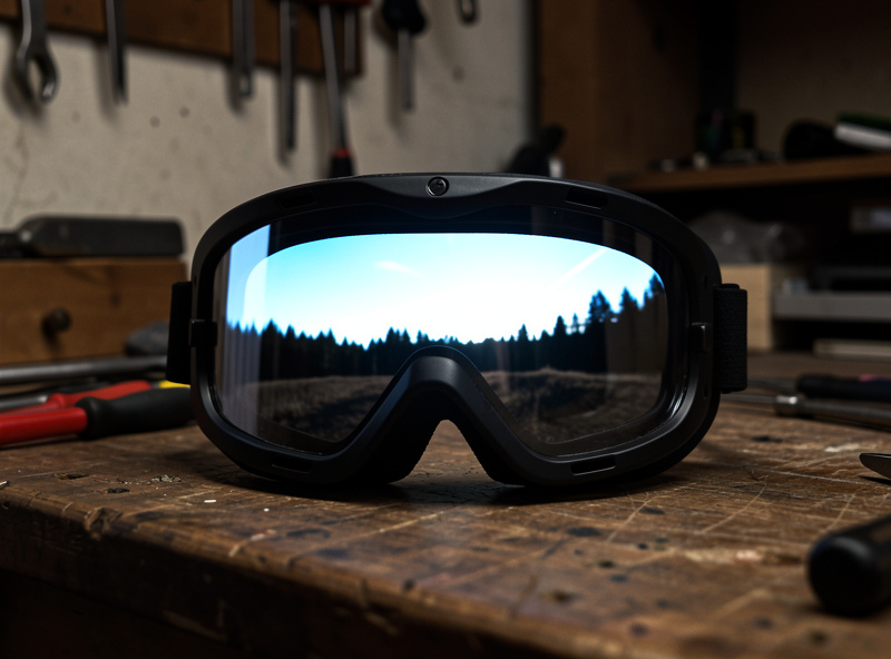 FPV goggles on a workbench showing a paused freestyle flight frame with bright sky and dark treeline