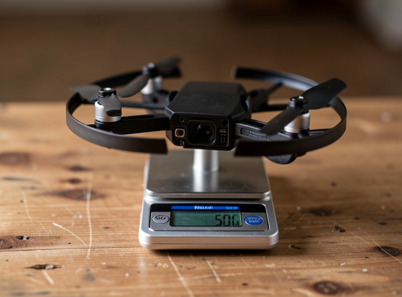 A sub-250 gram folding drone balanced on a small scale reading just under 250 grams