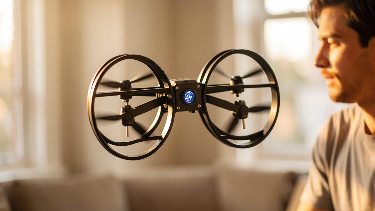 A ducted cinewhoop FPV drone hovering indoors with fully enclosed propellers