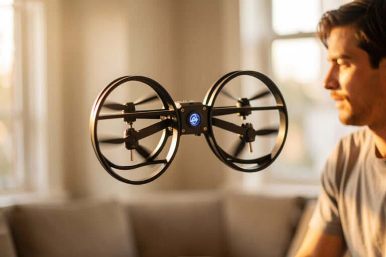 A ducted cinewhoop FPV drone hovering indoors with fully enclosed propellers