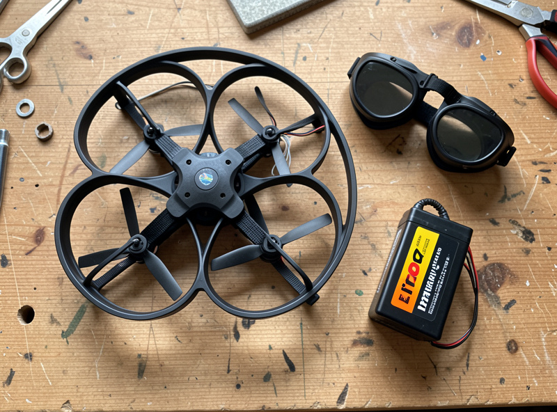 A 3-inch ducted cinewhoop FPV drone on a workbench beside a battery and goggles
