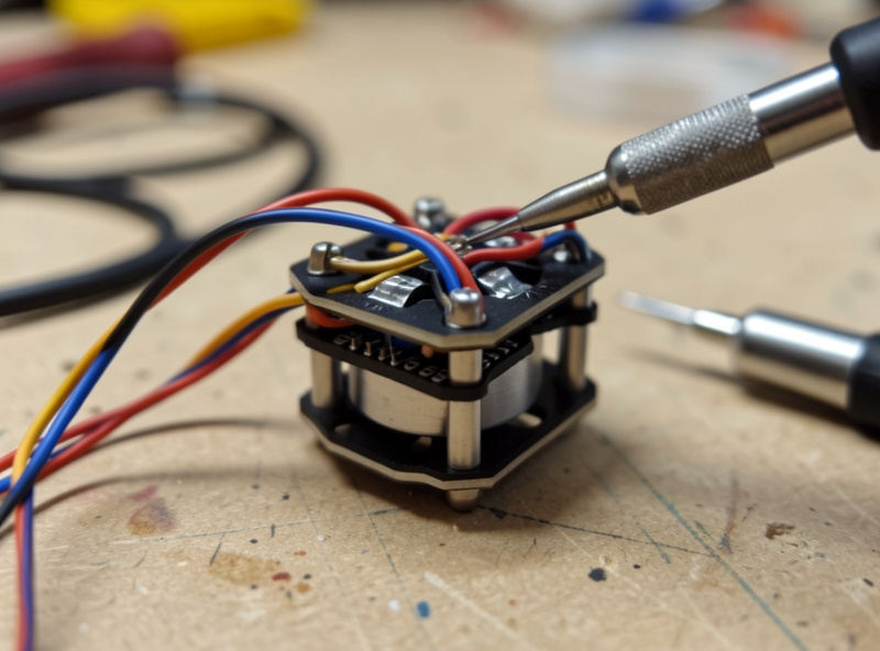 Close-up of a cinewhoop flight controller stack and motor wiring during a bench build