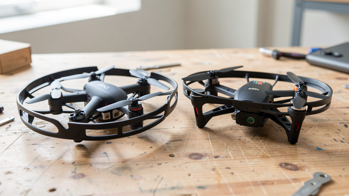 A cinewhoop and a freestyle quad side by side showing ducted versus open propellers