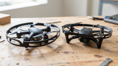 A cinewhoop and a freestyle quad side by side showing ducted versus open propellers