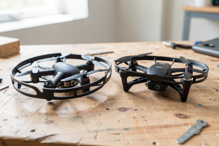 A cinewhoop and a freestyle quad side by side showing ducted versus open propellers