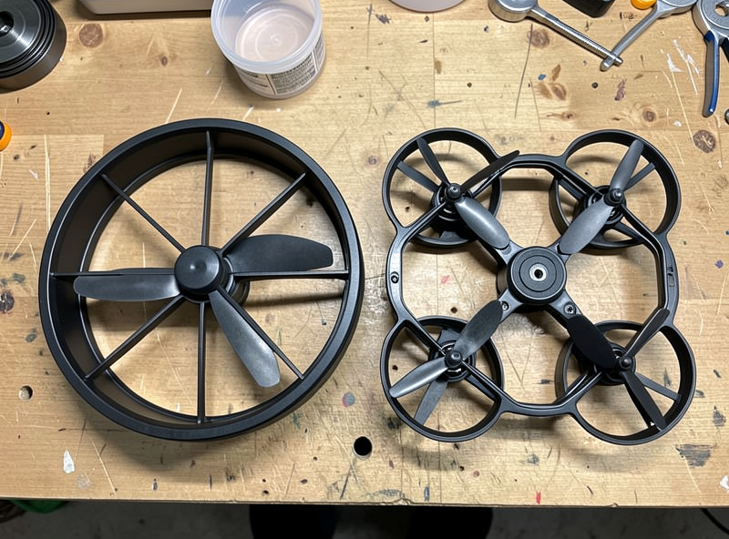 A ducted cinewhoop next to an open-prop 5-inch freestyle quad on a workbench