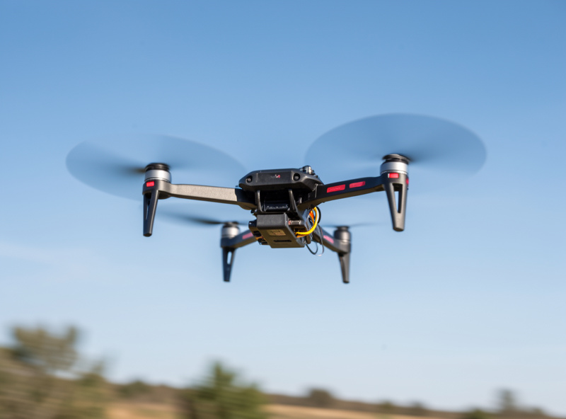 An open-prop 5-inch freestyle FPV drone mid-flight outdoors against an open sky