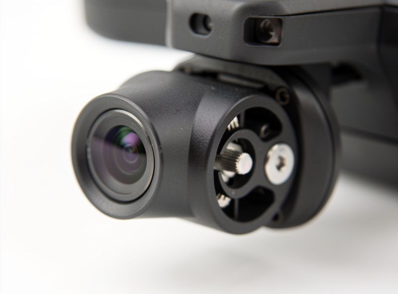 Macro detail of a small folding drone's gimbal camera and sensor module