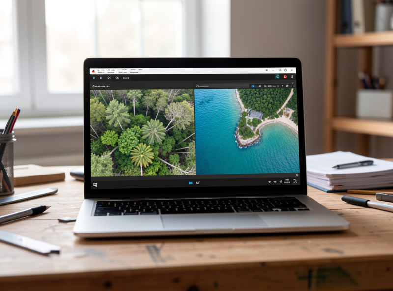 A laptop showing two paused 4K drone video frames side by side comparing detail in foliage and water