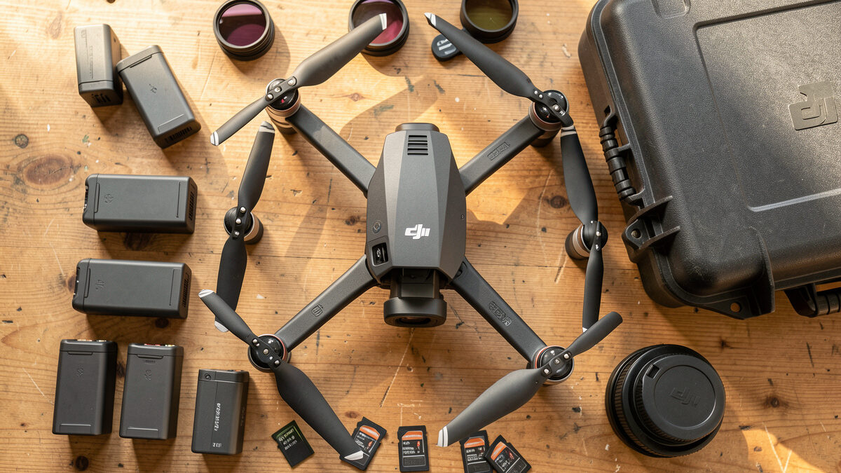 DJI camera drone accessories laid out on a workbench