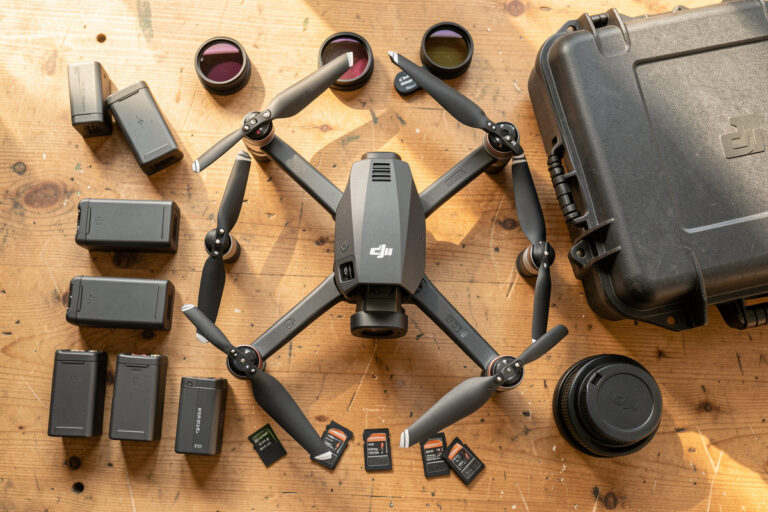 DJI camera drone accessories laid out on a workbench