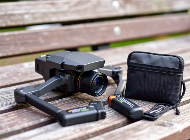 DJI camera drone with batteries, ND filters, memory cards and a hard case laid out on a workbench