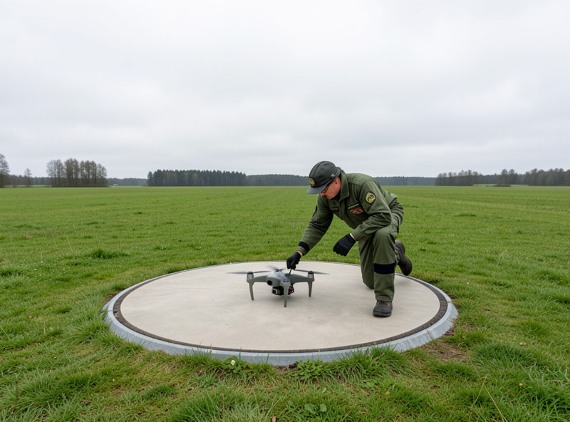 Pilot placing a sub-250g DJI Mini drone on a landing pad in an open Swedish field