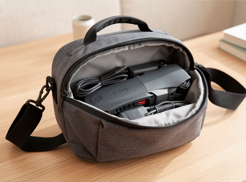Compact shoulder bag holding a folded DJI drone and accessories