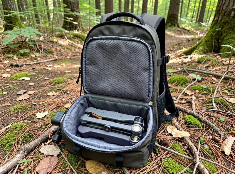 DJI drone backpack open on the ground showing padded drone compartment