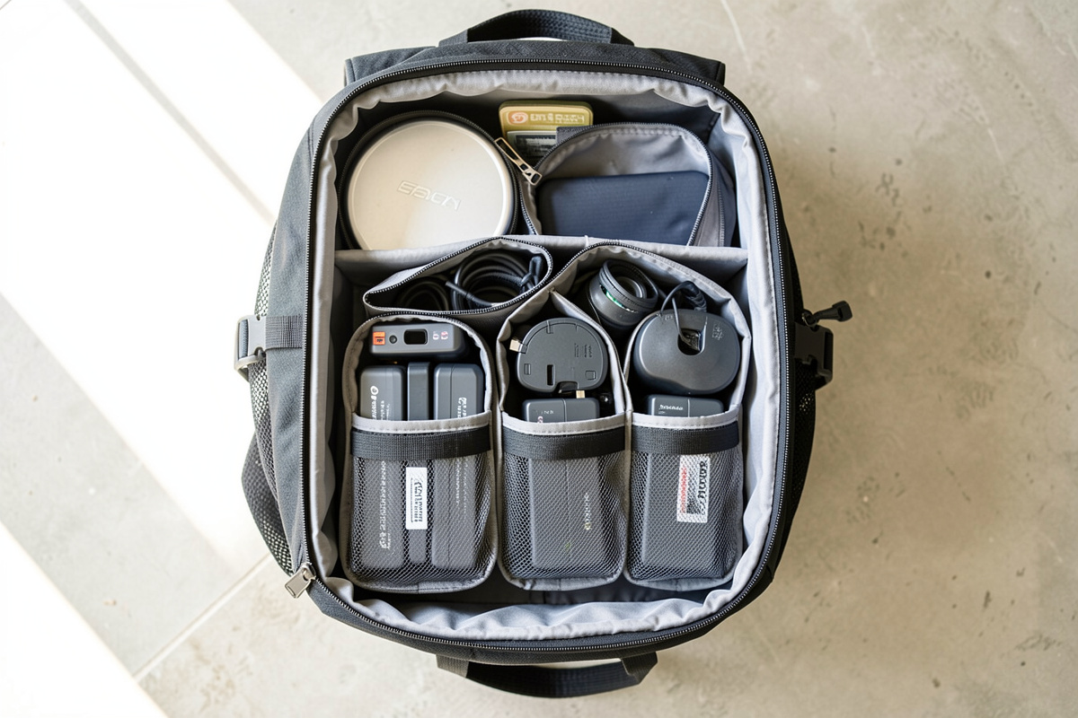 Drone spare batteries in protective fireproof bags inside an open carry-on backpack