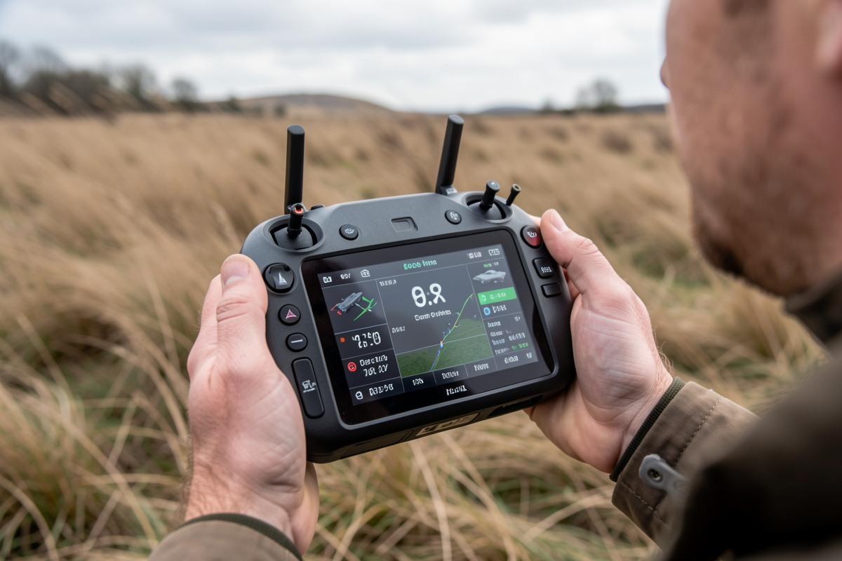 Hands holding a drone controller showing battery percentage and distance-to-home on the screen
