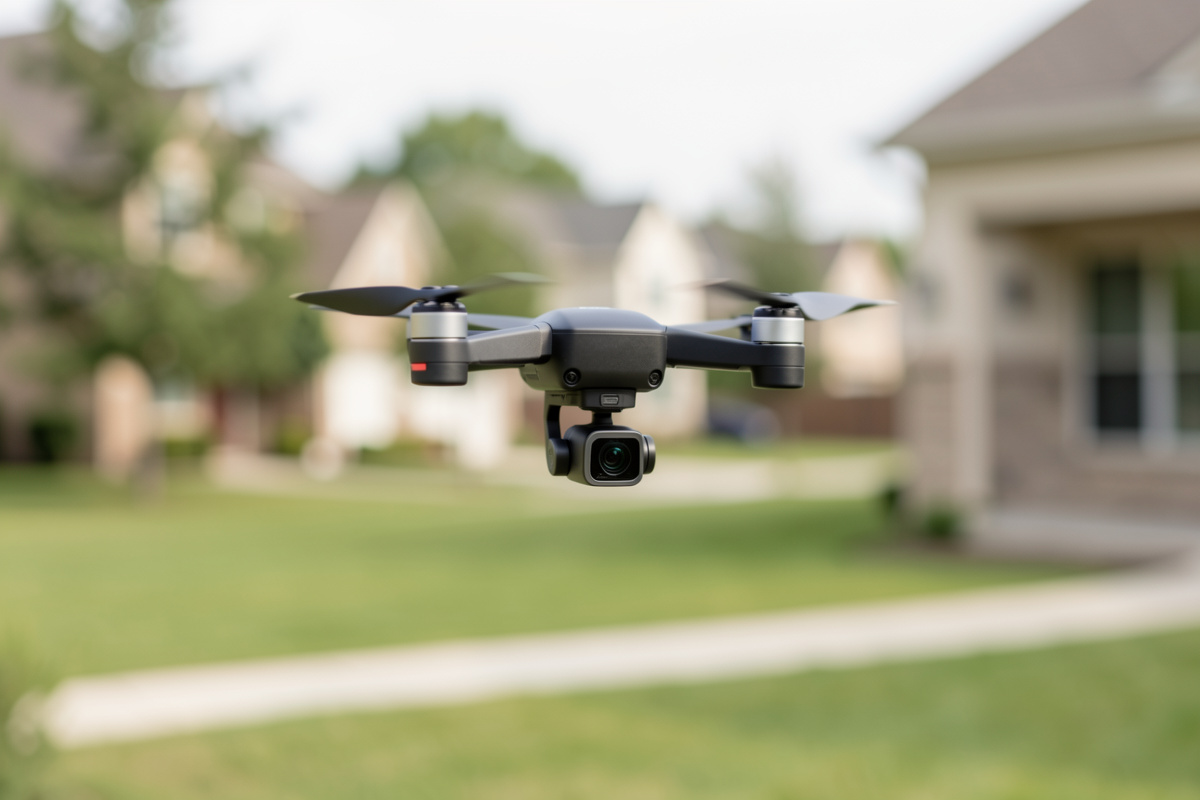 A small camera drone hovering with its gimbal camera visible above a soft-focus residential landscape