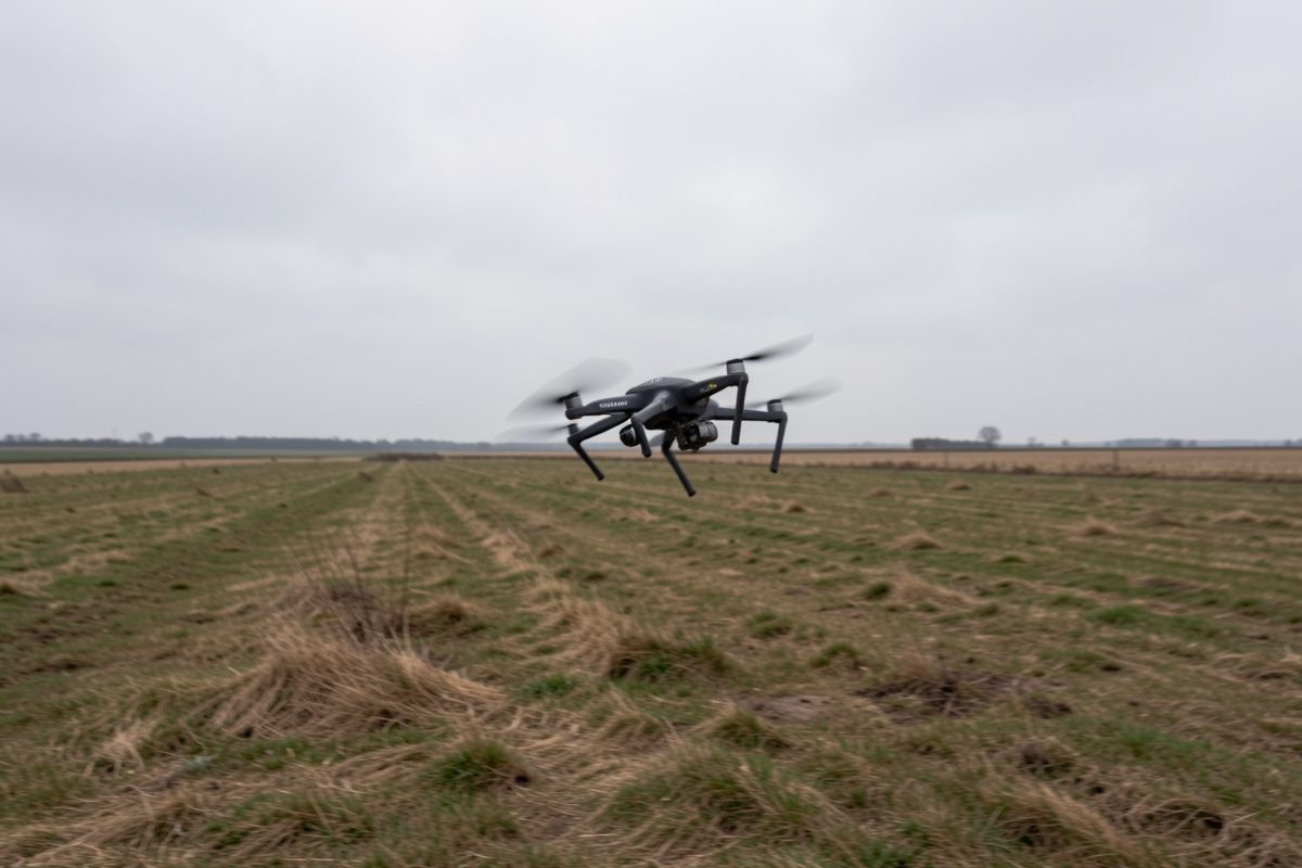 A small drone visibly angled sideways to hold position against wind over an open field