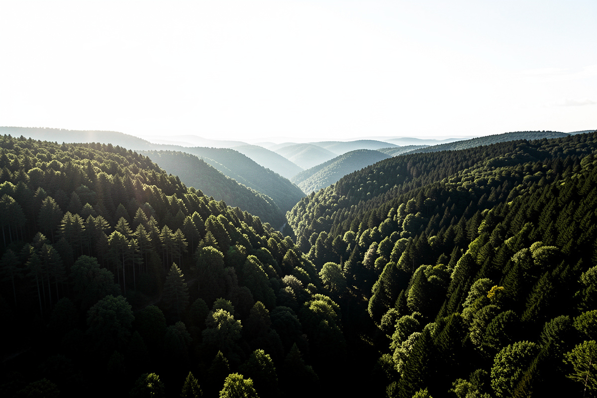 An aerial view of a bright sky over a dark shadowed forest valley illustrating dynamic range challenge