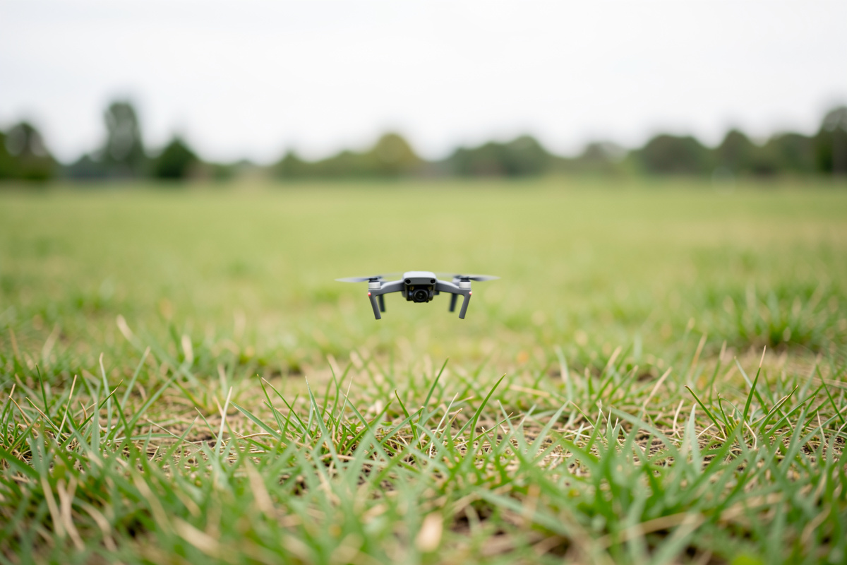 A small drone descending toward an open grassy field at low altitude