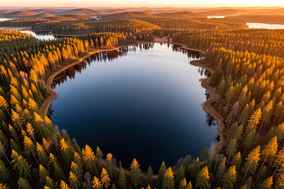 An aerial drone shot of a Nordic landscape in even golden hour light, lake and forest glowing warm