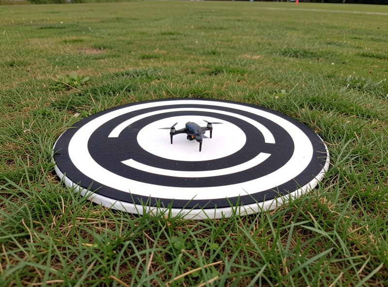 Circular orange and blue collapsible drone landing pad on grass with a small drone on it
