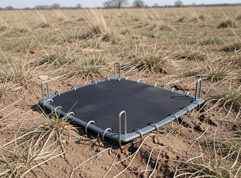 Drone landing pad anchored with ground stakes in a windy open field