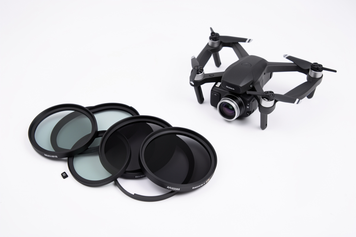A set of circular ND filters laid out beside a small camera drone