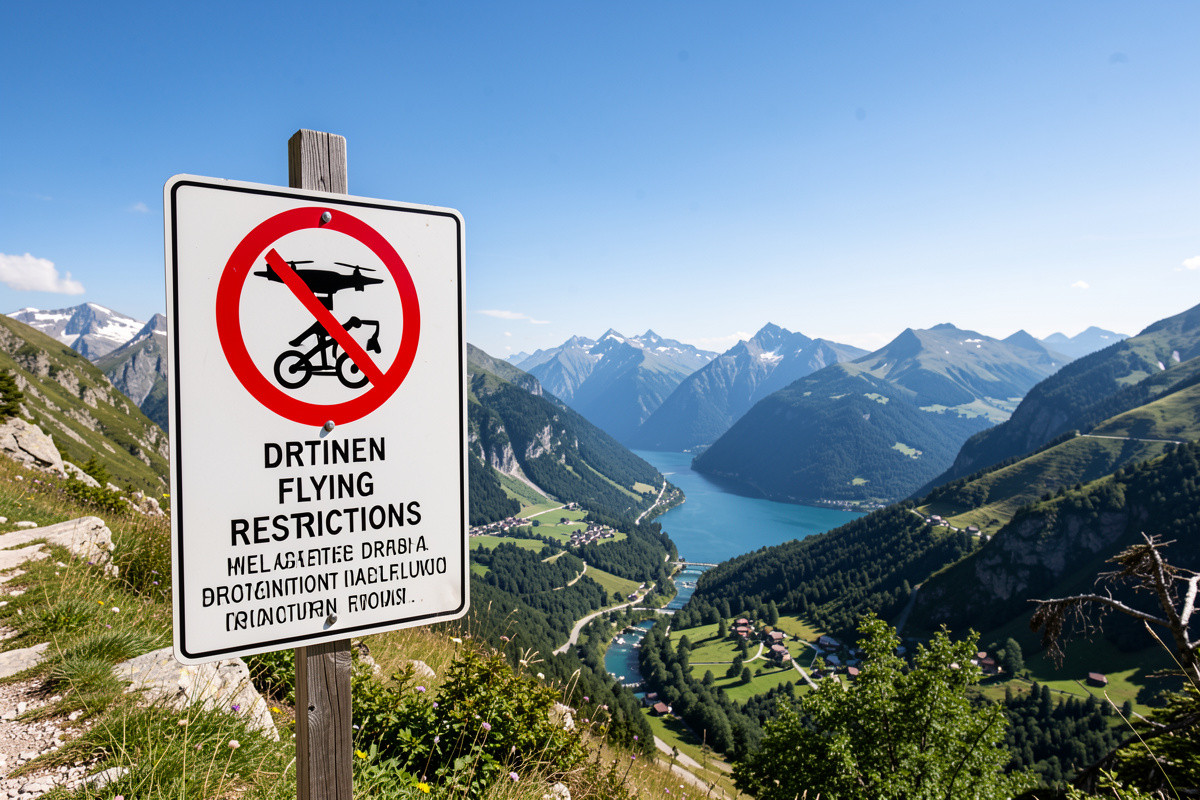 A scenic foreign travel destination with a drone-prohibited sign in the foreground