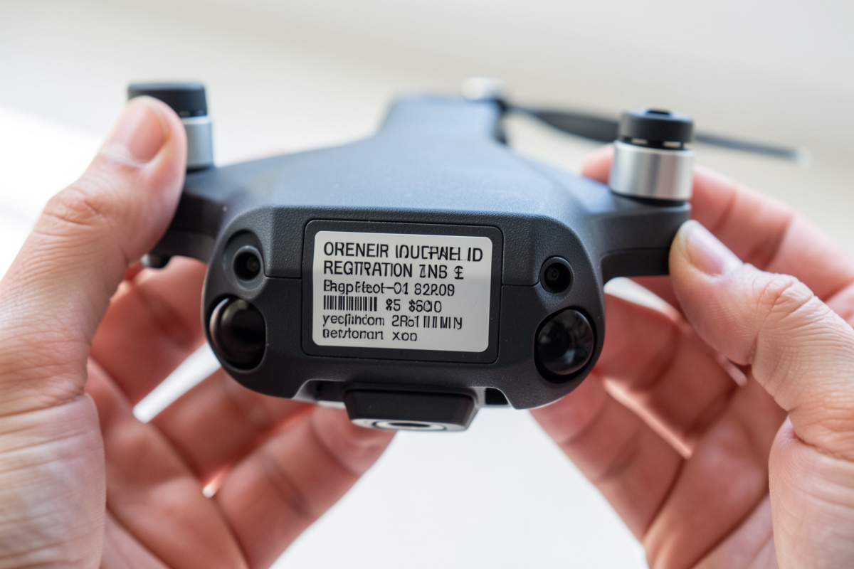 Close-up of a small drone with an operator registration ID label applied to its body