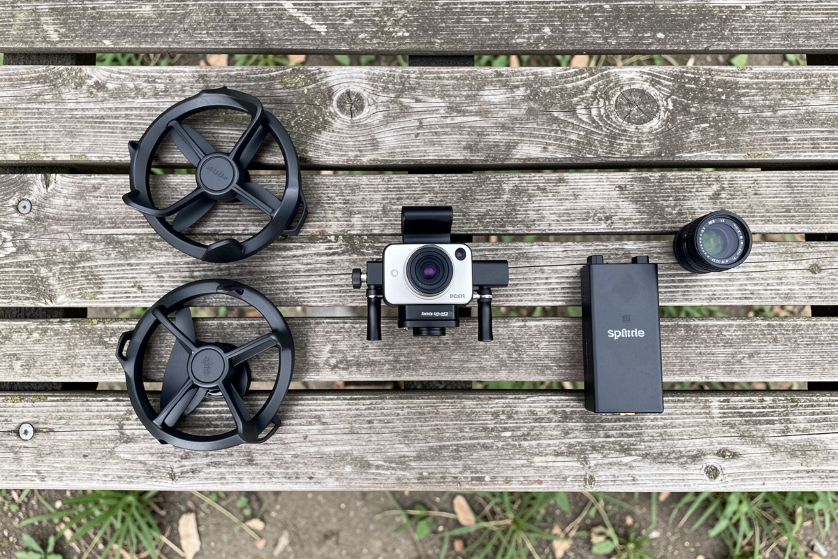 A small camera drone surrounded by accessories like prop guards, a spare battery and ND filters