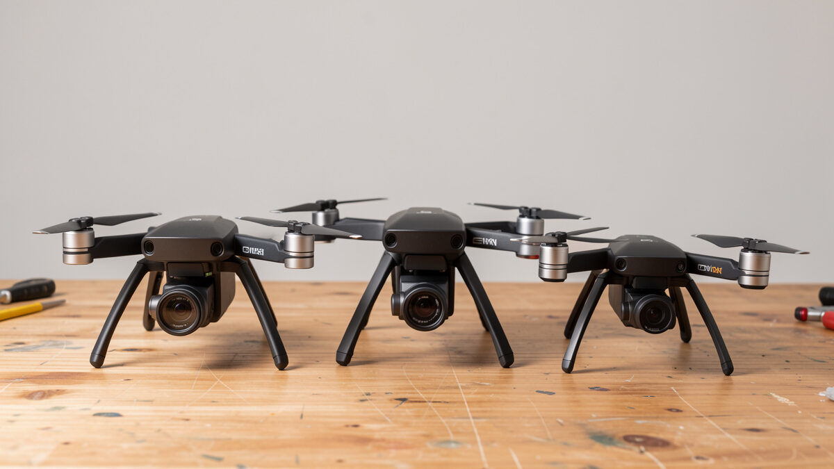 Three camera drones of increasing size lined up on a workbench