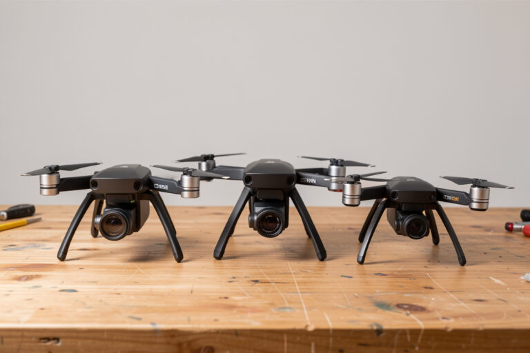 Three camera drones of increasing size lined up on a workbench