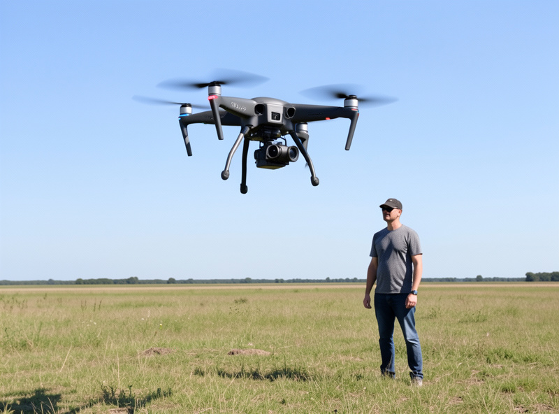 A sub-4 kilogram camera drone with a large gimbal hovering at a measured distance from a person