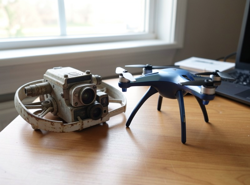 Older camera drone with no class mark label sitting beside a newer class-marked drone for comparison