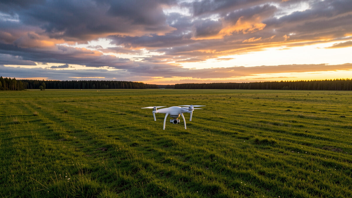 Small camera drone hovering over an open Nordic field at golden hour