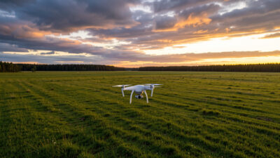 Small camera drone hovering over an open Nordic field at golden hour