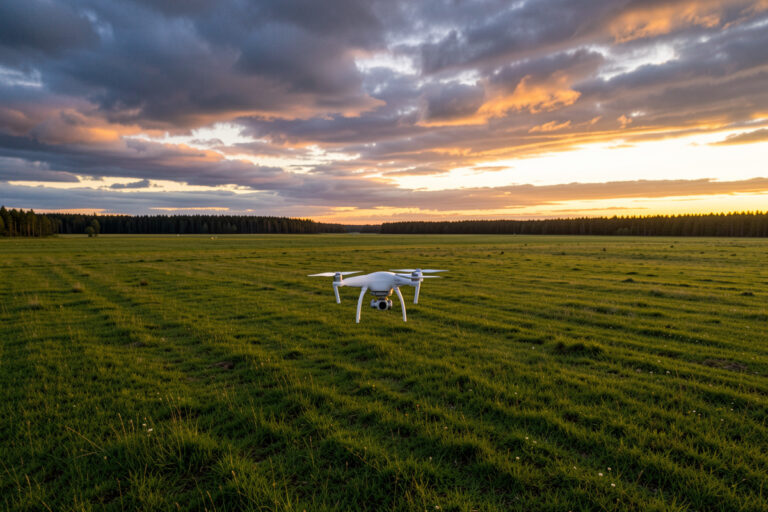 Small camera drone hovering over an open Nordic field at golden hour