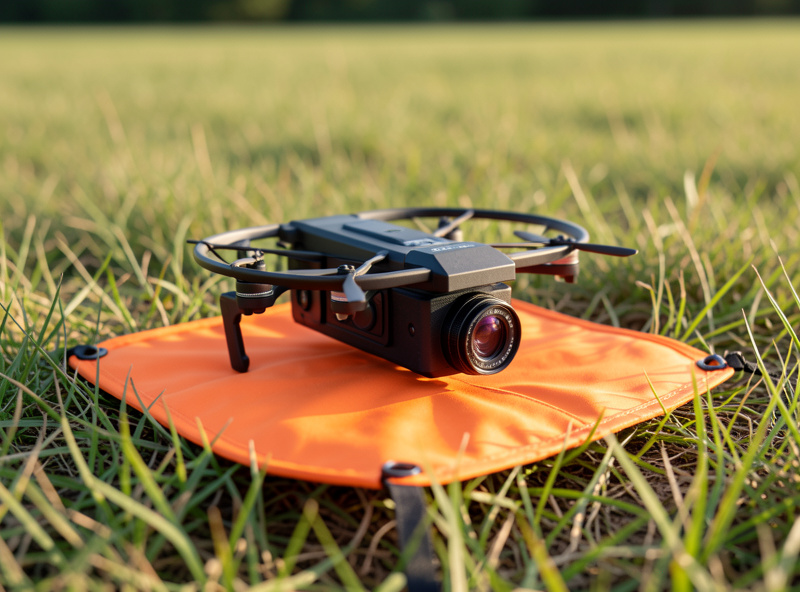 Sub-250g camera drone on a launch pad in an open Swedish field at golden hour
