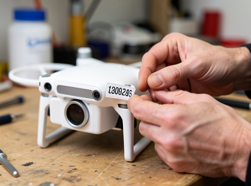 Pilot applying an operator registration number sticker to the body of a folding camera drone