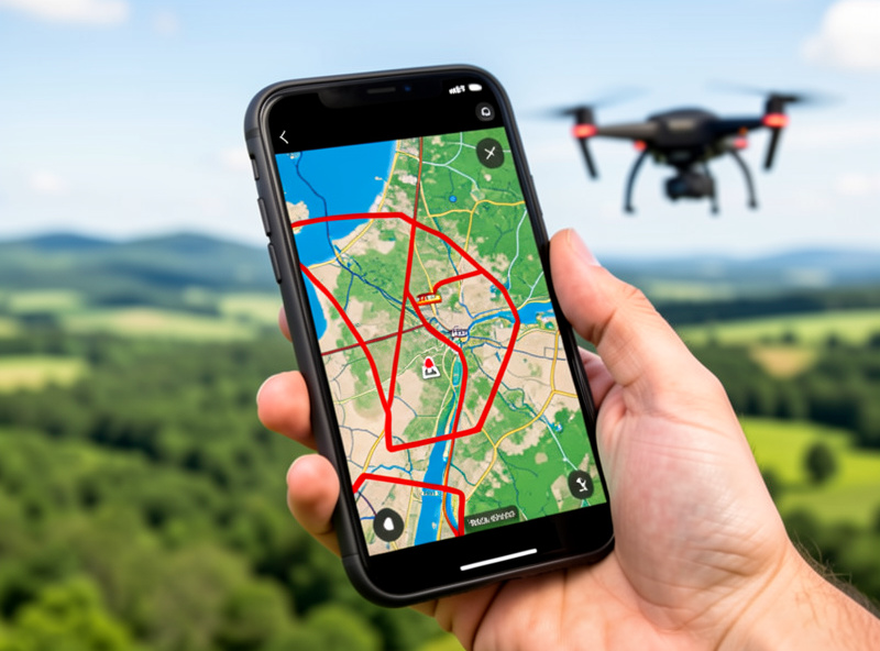 Smartphone showing a drone geographical zone map overlaid on a landscape with a quad in the foreground