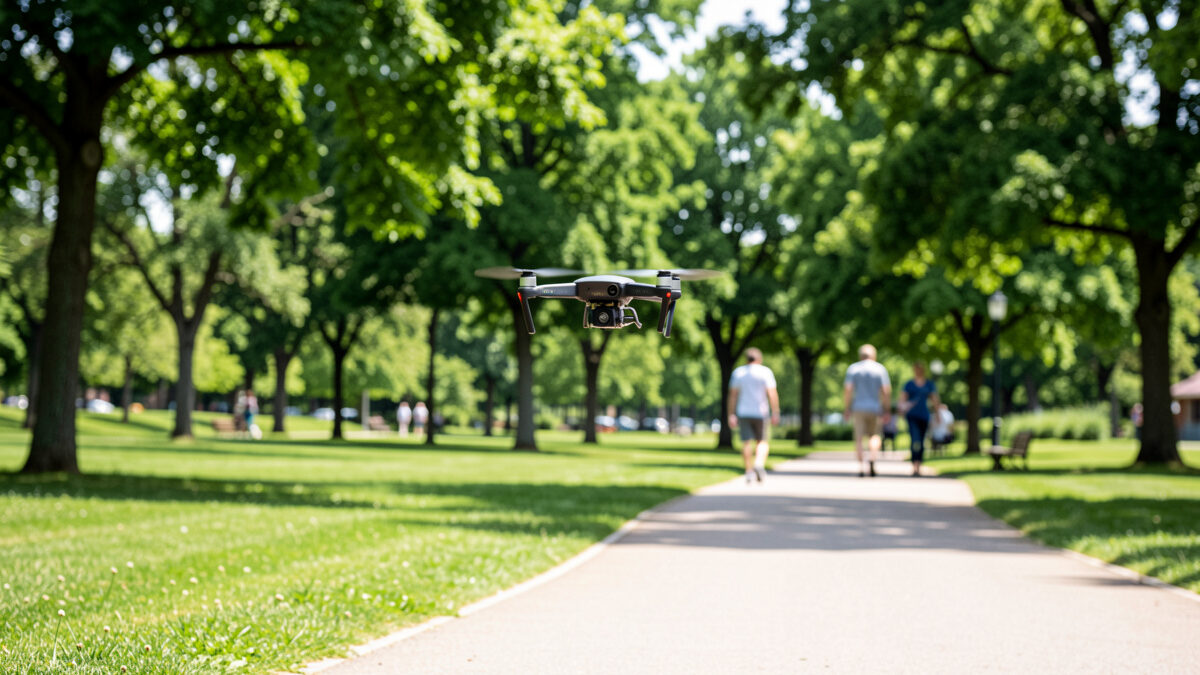 Small drone hovering over a green public park with people in the distance