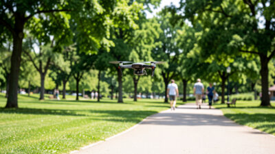 Small drone hovering over a green public park with people in the distance
