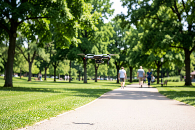 Small drone hovering over a green public park with people in the distance